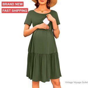 Maternity Nursing Dress Short Sleeve Casual Knee Length S-XXL